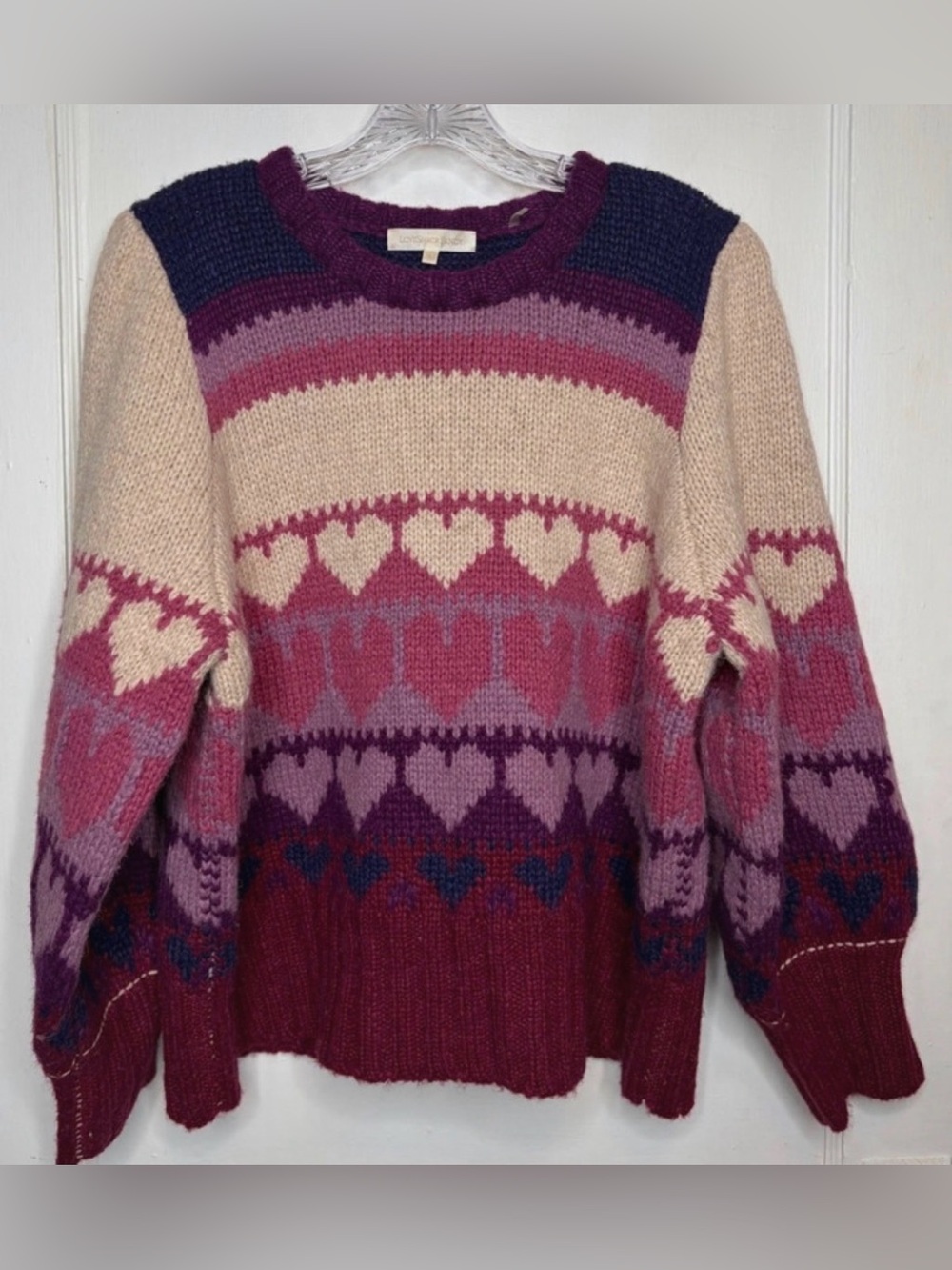 LoveShackFancy Shirelle Heart Alpaca Wool Retro Puff Sleeve Sweater L